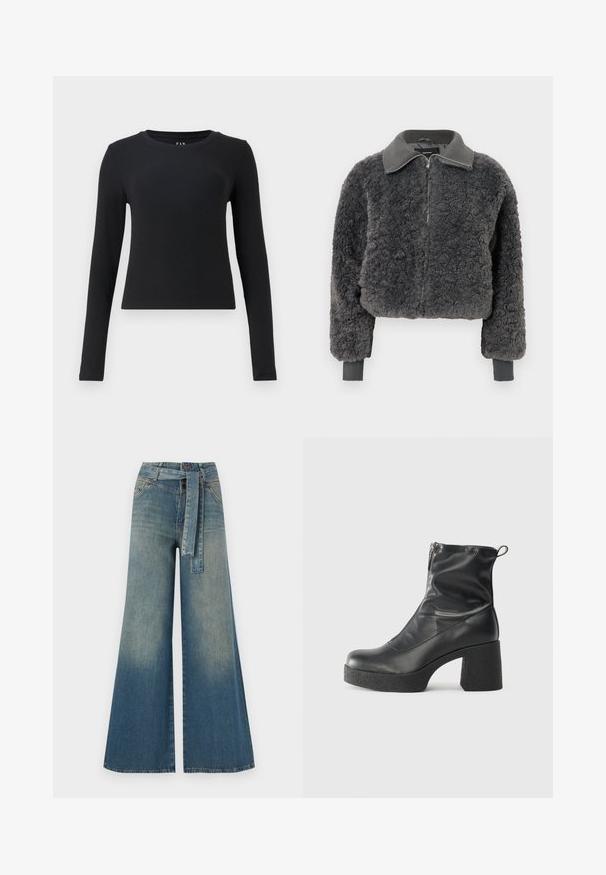 Tamno siva lažna ovčija kožna jakna na patentni zatvarač s rebrastim ovratnikom i manžetama, koja ima prednji patentni zatvarač i blago skraćeni kroj.; Crna majica dugih rukava, okrugli dekolte, rebrasta tekstura, uski dizajn i skraćena dužina. Bez uzoraka ili vidljivih detalja.; Široke traperice s gradijentom od svijetloplave do tamnoplave, visokog struka, petljama za remen i remenom od istog materijala. Teksturirana traper tkanina.; Crne gležnjače od glatke kože, s bočnim zatvaračem, debelim teksturiranim potplatom i dizajnom s zaobljenim prstima.