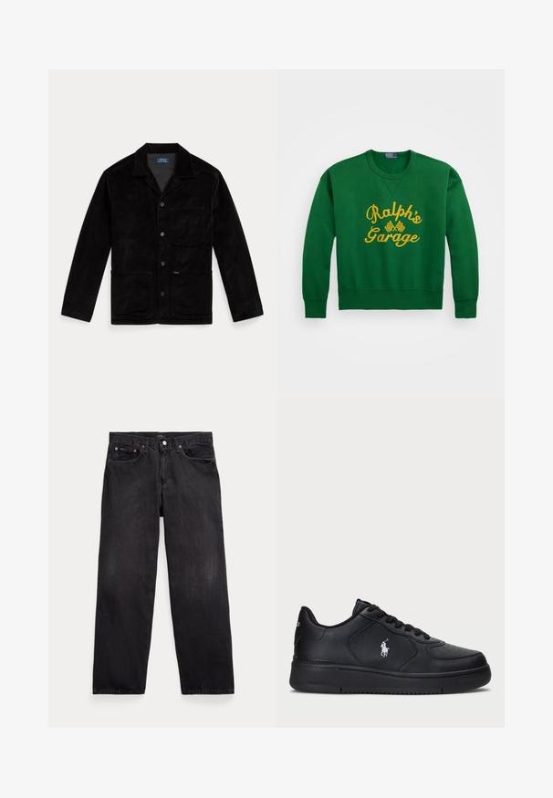 Veste en velours côtelé noir avec un col pointu, des boutons sur le devant, une poche poitrine et deux poches inférieures. Texture lisse et design classique.; Sweatshirt vert avec un col arrondi, comportant un texte brodé jaune "Ralph’s Garage" et des détails à damier. Matière en mélange de coton.; Jeans en denim noir avec une coupe décontractée, comportant cinq poches, un bouton à braguette et un léger dégradé sur tout le tissu.; Baskets en cuir noir avec un design perforé, fermeture à lacets plate et logo brodé blanc sur le côté. Semelle en caoutchouc noire épaisse.