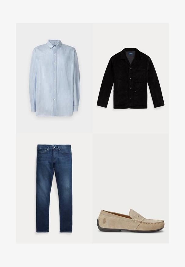 Svart kordfløyelsjakke med spiss krage, knappelukking foran, brystlomme og to nedre lommer. Glatt tekstur og klassisk design.; Herre langermet skjorte med lyseblå og hvite vertikale striper og spiss krage, lagt flatt på hvit bakgrunn.; Mørkeblå denimjeans med rette ben, som har fem lommer, knappelukking, og subtil falming nær lårene.; Beige mokasiner i semsket skinn med en sydd detalj, flat gummisåle og en liten logo på siden. Klassisk slip-on-design, myk tekstur.