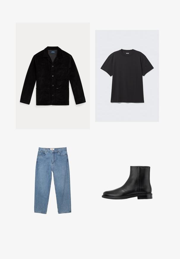 Veste en velours côtelé noir avec un col pointu, des boutons sur le devant, une poche poitrine et deux poches inférieures. Texture lisse et design classique.; T-shirt noir à manches courtes en coton. Il présente un col rond et une coupe décontractée. Design simple sans motifs ni accents visibles.; Jean en denim bleu clair avec une coupe droite, un design à cinq poches et une étiquette de marque visible au niveau de la taille.; Bottine en cuir noir avec une finition lisse, bout arrondi, petit talon, inserts latéraux élastiques et logo embossé à l'arrière.