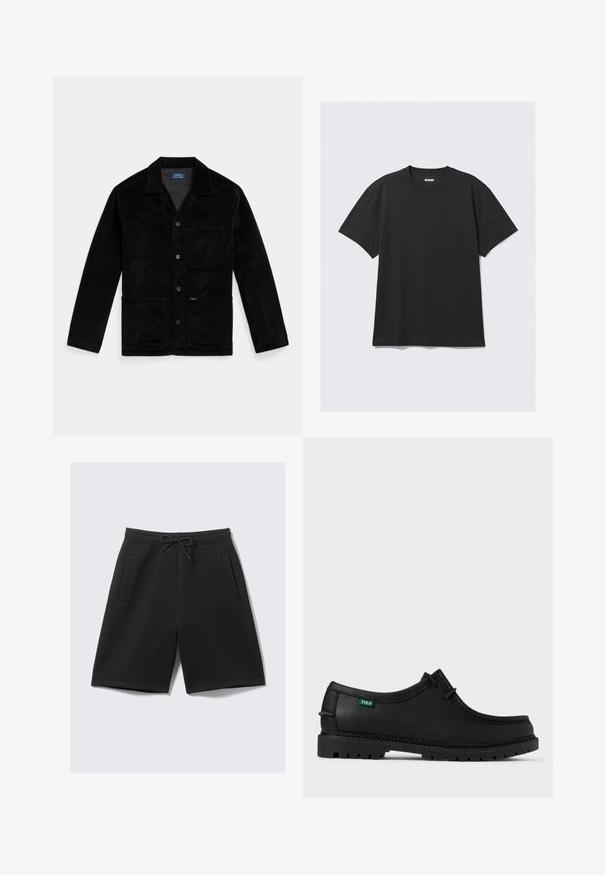 Black corduroy jacket with a pointed collar, front buttons, a chest pocket, and two lower pockets. Smooth texture and classic design.; Black short-sleeve t-shirt made of cotton. Features a crew neckline and a relaxed fit. Simple design with no patterns or accents visible.; Black athletic shorts made of soft fabric, featuring an elastic waistband with a drawstring, and two front pockets. Smooth texture, knee-length cut.; Black leather shoe with a low profile, round toe, and textured sole. Features green "POLO" tag and contrasting stitching along the edge.