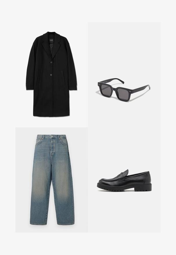 Juodas vilnonis paltas su išpjauta apykakle, vieno sagos dizainu, dviem priekinėmis kišenėmis ir sagomis užsegamais rankogaliais. Lygus audinys ir pritaikytas siluetas.; Juodas megztinis, apvalus iškirpimas, ilgomis rankovėmis, raukšlėtomis rankogaliais ir apvadu, minkšta tekstūra, vienspalvis, minimalistiškas dizainas.; Šviesiai mėlynos džinsinės plačios kelnės su aukštu liemeniu, keturiais kišenėmis ir kontrastingu siuvimu. Lygi tekstūra su nublukusiu paviršiumi.; Juodos odinės loferių suapvalintu nosimi, lengvai užmaunamu dizainu ir storu guminiu padu, turinčiu tekstūruotą sukibimą. Pakeltas kulnas ir subtilios siuvimo detalės.; Juodos stačiakampės saulės akinių su tamsiais lęšiais, turinčiais storą rėmelį, subtilias detales šonuose ir be matomų logotipų, išskyrus prekės pavadinimą.; Juodas pirkinių maišas, pagamintas iš patvarios medžiagos, su dviem ilgais rankenomis, reguliuojamais dirželiais ir priekinėmis kišenėmis. Smulkiai tekstūruotas paviršius su minimaliais ženklais.; Trys sidabriniai grandininių apyrankių, turinčių skirtingus pynimus ir tekstūras, su užsegimais ir reguliuojamomis grandinėmis pritaikymui.