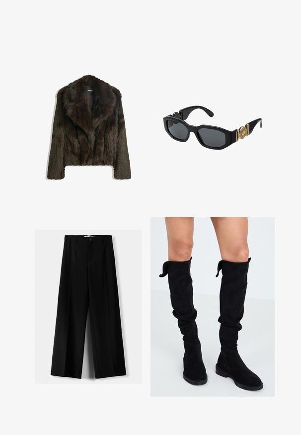 Braune Kunstpelzjacke mit Schalkragen und kurzem Schnitt. Sie hat eine weiche, strukturierte Oberfläche und ist vollständig gefüttert.; Cremefarbener Sweatshirt mit lockerer Passform, gerippten Bündchen und rundem Halsausschnitt. Verziert mit dekorativen Metallnieten entlang der Schulternaht.; Schwarze weite Hosen aus leichtem Stoff, mit einem Knopfverschluss vorne und flachem Bund, mit sorgfältig genähten Säumen.; Schwarze Wildlederstiefel über dem Knie mit weichem Material, lässigem Design, runder Spitze, flacher Sohle und einem seitlichen Reißverschluss für einfaches An- und Ausziehen.; Schwarze Sonnenbrille mit einem massiven geometrischen Rahmen, dunklen Gläsern und goldenen Metallelementen an den Bügeln, die ein rundes Emblemdetail aufweisen.