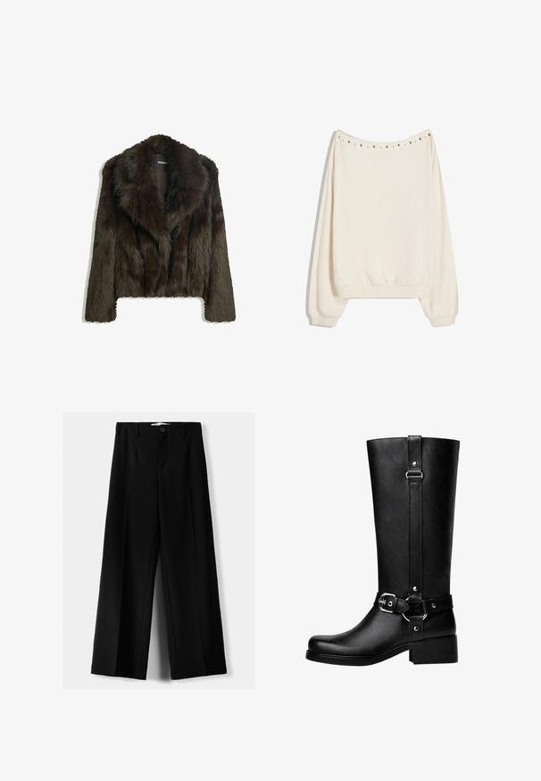 Barna műszőrme dzseki sálgallérral és rövidített fazonnal. Puha, textúrált felülettel rendelkezik, és teljes béléses.; Krém színű, laza szabású pulóver, bordás mandzsetta és kerek nyakú kivitel. Díszítő fém szegecsek találhatók a vállvarrás mentén.; Fekete, bő szárú nadrág, könnyű anyagból, elöl gombos záródással és sima elfröccsenésű fazonnal, szépen varrott szegélyekkel.; Magas fekete műbőr csizma lekerekített orral, kiemelkedő övcsattal és vastag sarokkal. Sima textura és függőleges varrás a szárán.