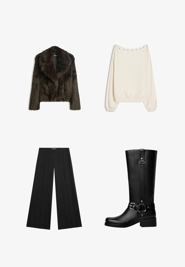 Veste en fausse fourrure marron avec un col châle et une coupe courte. Elle présente une surface douce et texturée et est entièrement doublée.; Sweatshirt crème avec une coupe décontractée, des poignets côtelés et un col arrondi. Présente des clous en métal décoratifs le long de la couture de l'épaule.; Un pantalon large noir présente une taille haute avec des plis, une texture lisse et un design minimaliste. Fermeture éclair sur le côté.; Bottes noires en cuir synthétique, avec un bout rond, des détails de boucle de ceinture accentués et un talon épais. Texture lisse et couture verticale sur la tige.