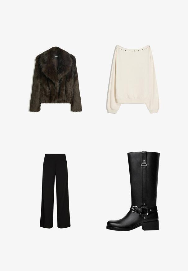 Giacca in pelliccia sintetica marrone con colletto a scialle e design corto. Presenta una superficie morbida e texturizzata ed è completamente foderata.; Felpa color crema con vestibilità ampia, polsini a costine e scollatura rotonda. Presenta borchie decorative in metallo lungo la cucitura della spalla.; Pantaloni neri a gamba larga con una cintura morbida ed elastica. Tessuto liscio, design a lunghezza piena, senza chiusure visibili o motivi.; Stivali neri alti in finta pelle con punta tonda, dettaglio della fibbia della cintura accentuata e tacco largo. Texture liscia e cucitura verticale sul gambale.