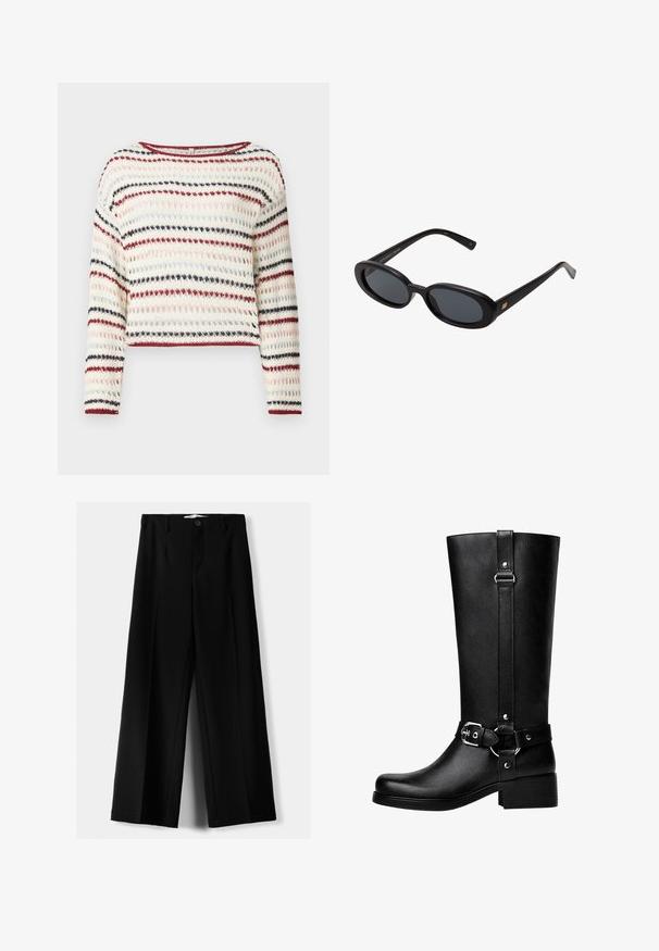 Veste en fausse fourrure marron avec un col châle et une coupe courte. Elle présente une surface douce et texturée et est entièrement doublée.; Pull en crochet à manches longues, encolure ronde ; présente des rayures alternées en crème, rouge, bleu marine et rose clair ; motif texturé.; Pantalons larges noirs en tissu léger, avec une fermeture à bouton à l'avant et un devant plat, dotés d'ourlets soigneusement cousus.; Bottes noires en cuir synthétique, avec un bout rond, des détails de boucle de ceinture accentués et un talon épais. Texture lisse et couture verticale sur la tige.; Lunettes de soleil noires surdimensionnées avec des verres ovoïdes, monture en plastique lisse et accents dorés sur les tempes. Les verres sombres offrent une protection contre le soleil.
