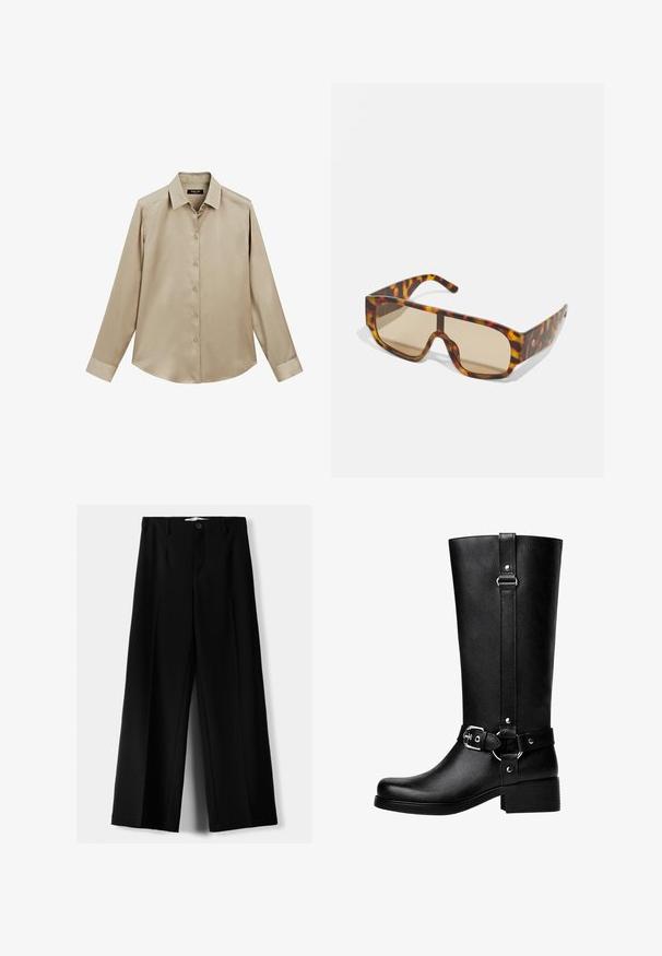 Brun faux fur jakke med sjalskrave og cropped design. Har en blød, tekstureret overflade og er fuldt foret.; Beige langærmet skjorte med knapper, klassisk krave og manchetter, glat stof og let buet søm.; Sorte brede bukser lavet af letvægtsstof, med frontknaplukning og glat front, samt pænt syede kanter.; Høje sorte faux læder støvler med rund tå, accentbælte-spænde detaljer og en kraftig hæl. Glat tekstur og lodret søm på skaftet.; Solbriller med en kraftig, skildpadde-mønstret ramme i nuancer af brun og orange, udstyret med store, brune linser og et elegant design.