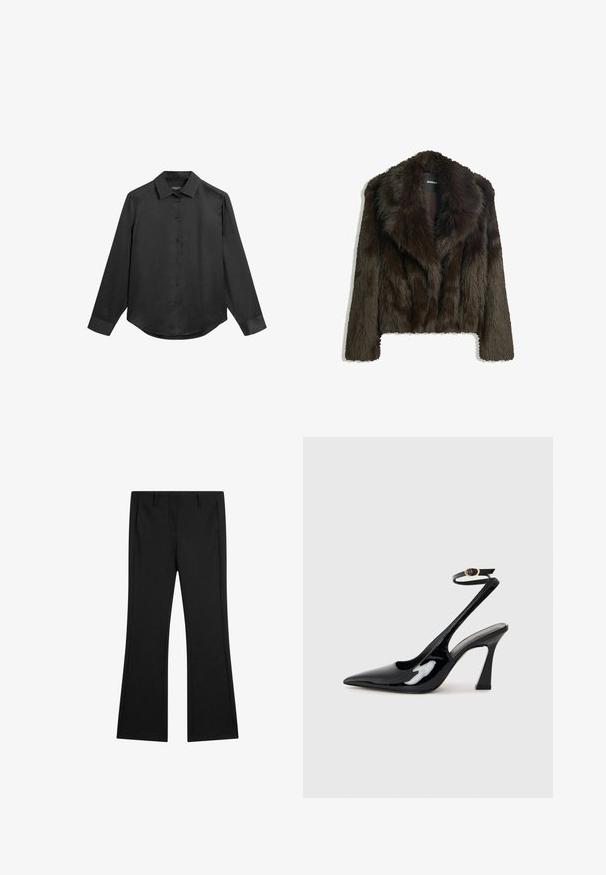 Bruine nepbont jas met een sjaalkraag en een cropped ontwerp. Beschikt over een zachte, gestructureerde oppervlakte en is volledig voering.; Zwart shirt met lange mouwen, een kraag, knoopsluiting aan de voorkant, gladde stof en een licht afgeronde zoom. Geen zichtbare patronen of accenten.; Zwarte flared broek van gladde stof, met voorzakken en een op maat gemaakte pasvorm met geplooide lijnen voor een verzorgde uitstraling.; Zwarte gepatenteerde leren slingback pumps met een spitse neus, verstelbare enkelband en een gematigd blokhak. Gladde textuur met een glanzende afwerking.