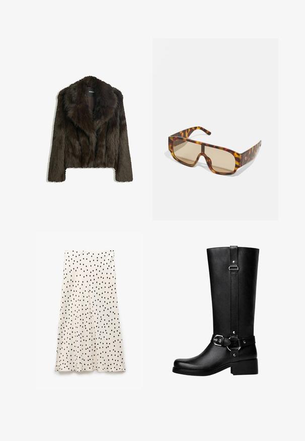 Braune Kunstpelzjacke mit Schalkragen und kurzem Schnitt. Sie hat eine weiche, strukturierte Oberfläche und ist vollständig gefüttert.; Langarmshirt aus dunkelbraunem Baumwollstoff mit rundem Ausschnitt und einer einfachen, glatten Struktur. Keine Grafiken oder Verzierungen vorhanden.; Weißer Rock mit schwarzen Polka-Dots, aus glattem Stoff gefertigt, hat ein fließendes Design und eine ausladende Form, mit einem Saum, der sanft fällt.; Hohe schwarze Kunstlederstiefel mit einer abgerundeten Zehe, einem Akzentgürtel-Schnallen-Detail und einem stabilen Absatz. Glatte Textur und vertikale Naht am Schaft.; Sonnenbrille mit einem klobigen, schildpattmuster Rahmen in Braun- und Orangetönen, ausgestattet mit großen, braun getönten Gläsern und einem eleganten Design.