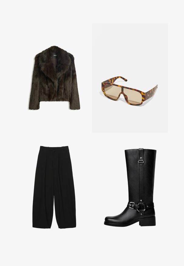 Brązowa kurtka z sztucznego futra z kołnierzem typu szal i skróconym fasonem. Posiada miękką, teksturowaną powierzchnię i jest w pełni podszewkowana.; Długie rękawy w ciemnobrązowej bawełnie z okrągłym dekoltem i prostą, gładką fakturą. Brak grafik lub ozdobników.; Czarne szerokie spodnie z gładkiej tkaniny, z przodu zakładki i dopasowany pas. Krój luźny o swobodnym układzie.; Wysokie czarne buty z faux skóry, z okrągłym noskiem, detalem klamry na pasku oraz grubym obcasem. Gładka tekstura i pionowa szew na cholewie.; Okulary przeciwsłoneczne z masywną, tortoise-shell wzorem w odcieniach brązu i pomarańczy, z dużymi, brązowymi soczewkami i eleganckim designem.