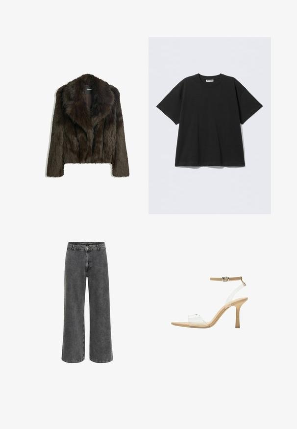 Barna műszőrme dzseki sálgallérral és rövidített fazonnal. Puha, textúrált felülettel rendelkezik, és teljes béléses.; Fekete, túlméretezett pamut póló, kerek nyakkivágással és rövid ujjal. Egyszerű dizájn, minta vagy díszítés nélkül.; Bő szárú nadrág, elhasználódott fekete farmerből készült, klasszikus gombos zipzárral, öt zsebes dizájnnal és enyhén texturált felülettel.; Átlátszó felsőrészű, áttetsző sarkú szandál, bézs talpbetéttel és vékony bokapánttal. Hegyes orral és vékony, magas sarokkal rendelkezik.