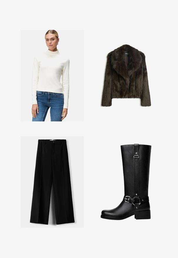 Brown faux fur jacket with a shawl collar and a cropped design. Features a soft, textured surface and is fully lined.; Cream turtleneck long-sleeve top made of soft material, fitted design, smooth texture, worn with dark blue jeans.; Black wide-leg trousers made of lightweight fabric, featuring a front button closure and flat front, with neatly stitched hems.; Tall black faux leather boots with a rounded toe, accent belt buckle detail, and a chunky heel. Smooth texture and vertical seam on the shaft.