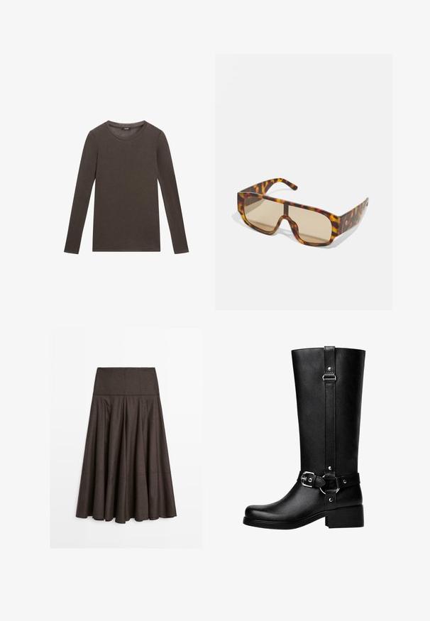 Brązowa kurtka z sztucznego futra z kołnierzem typu szal i skróconym fasonem. Posiada miękką, teksturowaną powierzchnię i jest w pełni podszewkowana.; Długie rękawy w ciemnobrązowej bawełnie z okrągłym dekoltem i prostą, gładką fakturą. Brak grafik lub ozdobników.; Brąskowa spódnica w kształcie dzwonu, wykonana z miękkiego materiału. Posiada dopasowany pas, plisowany krój oraz gładką, płynącą teksturę. Długość spódnicy sięga połowy łydki.; Wysokie czarne buty z faux skóry, z okrągłym noskiem, detalem klamry na pasku oraz grubym obcasem. Gładka tekstura i pionowa szew na cholewie.; Okulary przeciwsłoneczne z masywną, tortoise-shell wzorem w odcieniach brązu i pomarańczy, z dużymi, brązowymi soczewkami i eleganckim designem.
