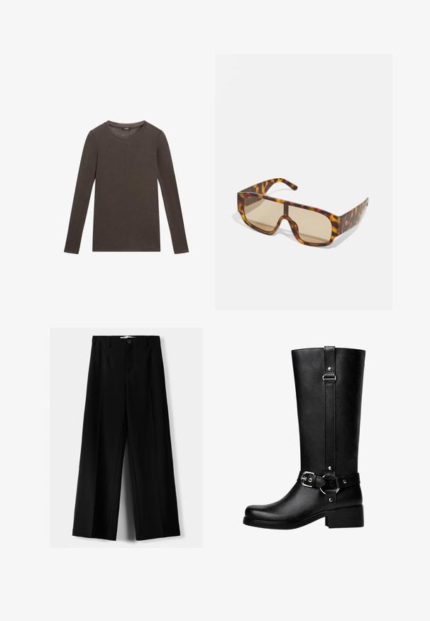 Brązowa kurtka z sztucznego futra z kołnierzem typu szal i skróconym fasonem. Posiada miękką, teksturowaną powierzchnię i jest w pełni podszewkowana.; Długie rękawy w ciemnobrązowej bawełnie z okrągłym dekoltem i prostą, gładką fakturą. Brak grafik lub ozdobników.; Czarne spodnie szerokie, wykonane z lekkiego materiału, z zapięciem na guzik z przodu i gładkim przodem, z starannie wykończonymi brzegami.; Wysokie czarne buty z faux skóry, z okrągłym noskiem, detalem klamry na pasku oraz grubym obcasem. Gładka tekstura i pionowa szew na cholewie.; Okulary przeciwsłoneczne z masywną, tortoise-shell wzorem w odcieniach brązu i pomarańczy, z dużymi, brązowymi soczewkami i eleganckim designem.