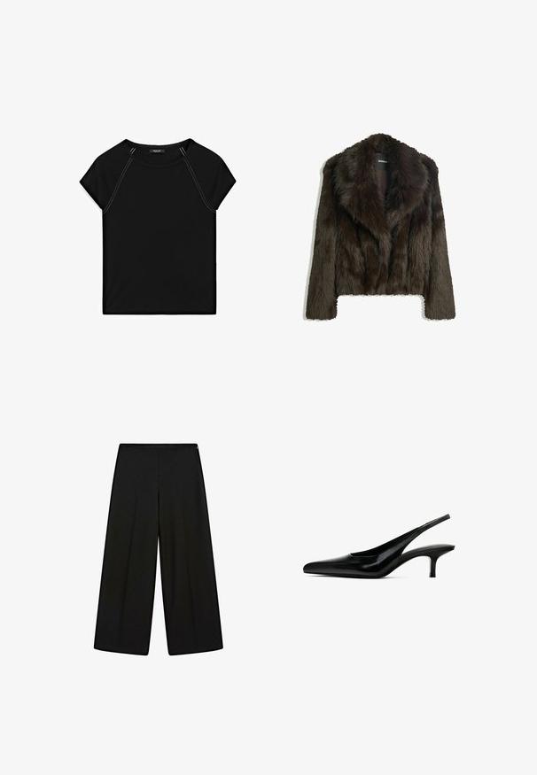 Brun faux fur jakke med sjalskrave og cropped design. Har en blød, tekstureret overflade og er fuldt foret.; Sort kortærmet top med rund halsudskæring og kontrastfarvet hvid syning langs skuldre og sider. Blødt, glat stof.; Sorte vide bukser lavet af blødt stof, med høj talje og plisseringer, der har en glat tekstur og ingen synlige dekorationer.; Sorte spidse slingback sko med en blank læderfinish og en tynd, lav hæl. Har et udskæringsdesign på siden for åndbarhed.