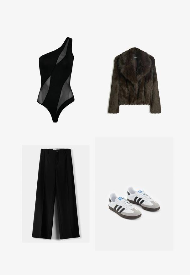 Brown faux fur jacket with a shawl collar and a cropped design. Features a soft, textured surface and is fully lined.; One-shoulder black swimsuit featuring a combination of solid and sheer panels, smooth texture, and form-fitting design.; Black wide-leg trousers made of lightweight fabric, featuring a front button closure and flat front, with neatly stitched hems.; Sport shoes with a white leather upper, gray suede toe, and three black stripes. Features a blue logo on the tongue and a textured rubber sole.