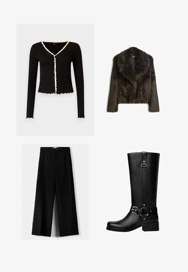 Brown faux fur jacket with a shawl collar and a cropped design. Features a soft, textured surface and is fully lined.; Black ribbed cardigan with long sleeves, scalloped edges, and a cream trim along the neckline and button placket. Features front buttons.; Black wide-leg trousers made of lightweight fabric, featuring a front button closure and flat front, with neatly stitched hems.; Tall black faux leather boots with a rounded toe, accent belt buckle detail, and a chunky heel. Smooth texture and vertical seam on the shaft.