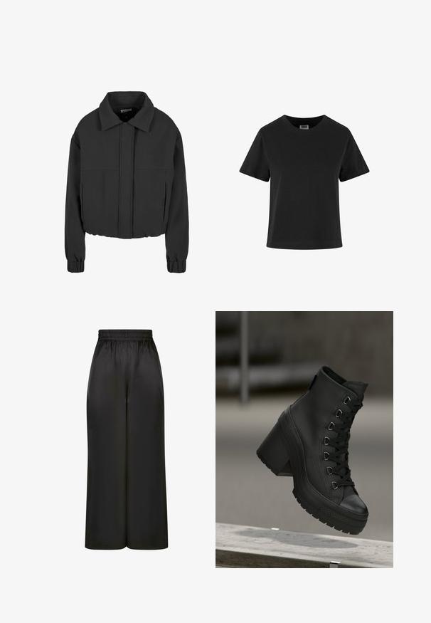 Veste noire cropped en tissu lisse, avec un col pointu, des manches longues à poignets élastiques et des détails de couture sur le panneau avant.; T-shirt en coton noir à manches courtes, col rond et coupe décontractée. Texture lisse sans motifs ni embellissements visibles.; Pantalons larges noirs en tissu lisse et brillant, avec une taille élastique et sans poches ni détails en métal visibles.; Bottes montantes noires à plateforme avec une finition en cuir texturé, lacées à l'avant et à talon épais. Présentent une semelle en caoutchouc avec des motifs de semelle distincts.