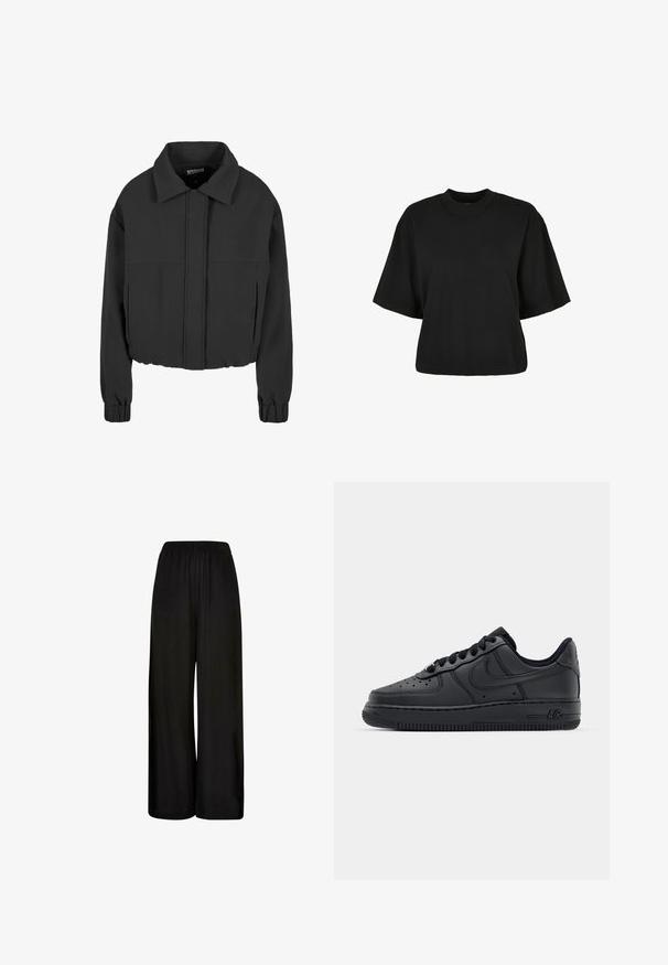 Must have musta lühike jakk, mis on valmistatud siledast kangast, millel on terav krae, pikad varrukad elastsete mansettidega ja esipaneeli õmbluse detailid.; Must terav t-särk, mis on valmistatud puuvillast. Omab lühikesi varrukaid ja ümmargust kaelust. Sile tekstuur ja lihtne disain, ilma täiendavate mustriteta.; Mustad laiad püksid, valmistatud pehmest kangast, elastse vöökohtadega ja siledast tekstuurist. Ei ole nähtavaid mustreid ega detaile.; Mustad mustakvadriga tossud augustatud varbakastiga, lame lace ja kummist tallaga. Omab väikest logo külgedel ja tekstuurset detaili.