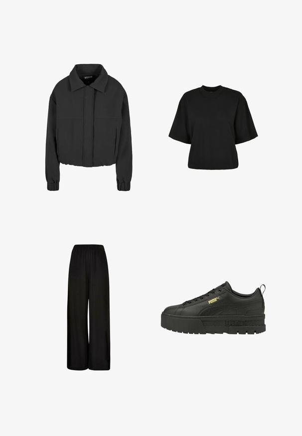 Jachetă neagră scurtă, realizată dintr-un material neted, cu un guler ascuțit, mâneci lungi cu manșete elastice și detalii de cusătură pe panoul frontal.; Tricou scurt, negru, din bumbac. Are mâneci scurte și un decolteu rotund. Textură netedă cu un design simplu, fără modele adiționale.; Pantaloni negri largi, confecționați dintr-un material moale, cu un elastic la brâu și o textură netedă. Fără modele sau accente vizibile.; Adidași cu platformă din piele neagră, cu un toc texturat, logo-ul auriu Puma și un design cu șireturi, având ochiuri negre și șireturi plate.