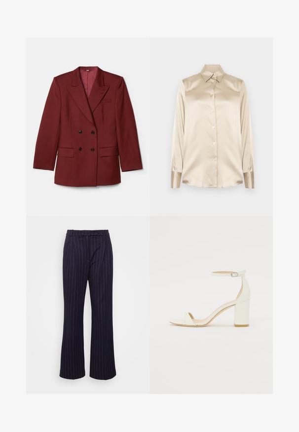 Dviejų eilučių bordo spalvos švarkas, pagamintas iš vilnos mišinio. Su smailiais atvartais, dviem priekinėmis kišenėmis ir juodais mygtukais. Išklotas vientisu audiniu.; Smėlio spalvos satino marškiniai su smailiu apykakle, pilno ilgio rankovėmis, sagų uždarymu ir šiek tiek blizgesniais rankogaliais. Be raštų ar akcentų.; DESIGNERS REMIX ZOE PANTS - Kelnės - navy/white; Baltos odos blokinio kulno sandalai, su kulkšnies dirželiu ir sagtimi, minimalistinio dizaino. Atvira pirštų dalis ir sklandžios tekstūros visoje.