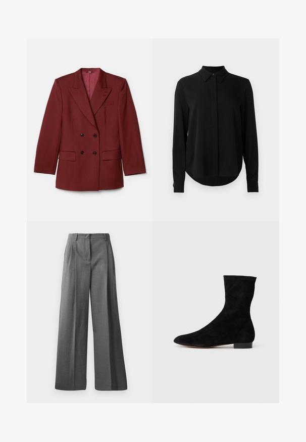 Dvořezový bordeaux sako vyrobené z vlněné směsi. Má špičaté klopy, dvě přední kapsy a černé knoflíky. Podšité jednobarevným materiálem.; Černá halenka s dlouhým rukávem a špičatým límcem, skrytým zapínáním na knoflíky a zakřiveným lemem na jednobarevném bílém pozadí.; Šedé kalhoty s širokými nohavicemi vyrobené z texturované látky s jemným vzorem. Hodí se s předními sklady a pasem s poutky na pásek.; Černá nubuková kotníková bota s úzkým svrškem, špičatou špičkou a nízkým blokovým podpatkem. Hladká textura a minimalistický design, vhodné pro všestranné styling.