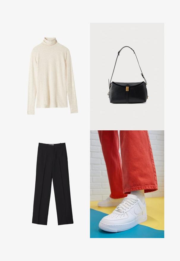 Zwarte versleten leren bikerjack met zilveren hardware, voorzien van meerdere ritszakken, een ceintuur in de taille en een rode satijnen voering.; Brede gebreide trui in lichtbeige met een gestructureerd kabelontwerp, geribbelde halslijn, mouwen en zoom. Heeft een losvallende fit en lange mouwen.; Beige coltrui met lange mouwen, gemaakt van zachte stof, heeft een relaxte pasvorm, subtiele textuur en geen zichtbare patronen of accenten.; Zwarte op maat gemaakte broek met een recht model, voorzien van dubbele plooien, een soepele textuur en subtiele details aan de voorzijde.; Witte leren sneaker met geperforeerde teenbox, gestructureerde zool en witte veters, gecombineerd met wijde rode broeken en een blauw-geel achtergrond.; Zwarte leren handtas met een gestructureerde vorm, voorzien van een gouden sluiting en een afneembare schouderband. Gladde textuur en minimaal ontwerp.