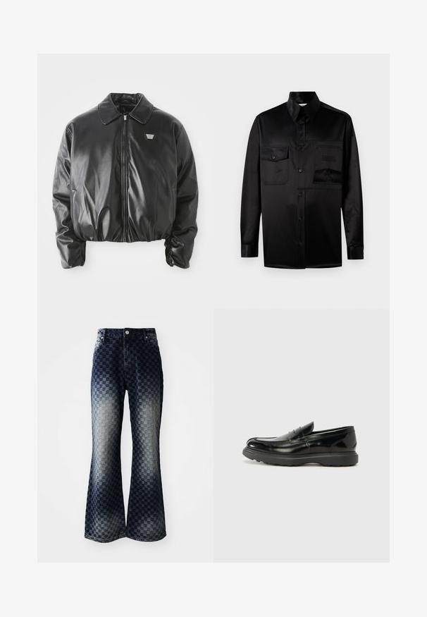 Zwarte faux leren bomberjack met een voorrits, logo-patch op de borst, elastische zoom en manchetten, en een klassieke kraag op een witte achtergrond.; Zwarte langemouwenshirt van zachte stof. Heeft een puntige kraag, een sluiting met knopen aan de voorkant en twee borstzakken met klep.; Uitlopende spijkerbroek met een donker naar licht ombre ruitpatroon, voorzien van een ritsgulp, een klassieke vijf-pocketdesign en accenten van zilverkleurige hardware.; Zwarte leren instapper met een glanzende afwerking, een ronde neus, subtiele stiksels en een dikke rubberen zool voor duurzaamheid.