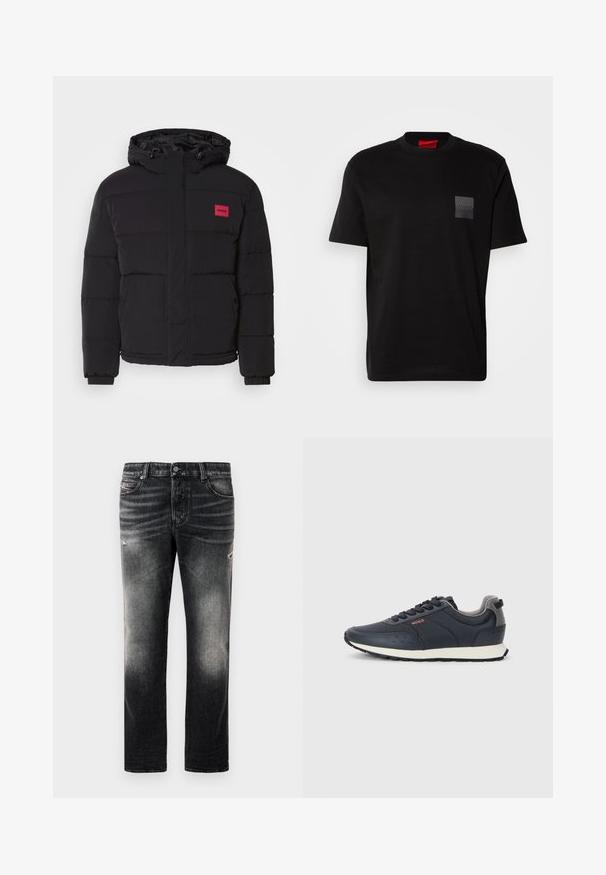 Svart dunjakke med hette, med en rød logo-patch, quiltet mønster, frontlommer og elastiske mansjetter for varme og komfort.; Svart bomull T-skjorte med rund hals, med et teksturert svart merke med logo på venstre bryst. Korte ermer og avslappet passform.; Sorte jeans med en falmet finish og slidte detaljer, standard fem-lomme-design og glidelås foran. Laget av denimstoff.; Marineblå sneakers med en glatt syntetisk overdel, rund tå, grå detaljer, snøring, og en hvit mellomsole med en teksturert svart yttersåle.