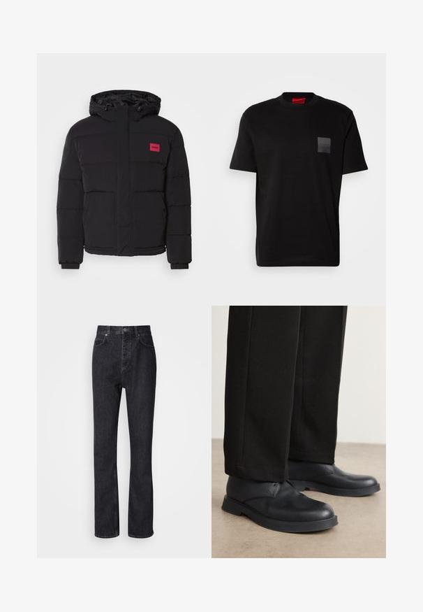 Doudoune noire avec capuche, ornée d'un patch logo rouge, motif matelassé, poches avant et poignets élastiques pour chaleur et confort.; T-shirt en coton noir à col rond, avec un patch texturé noir portant un logo sur la poitrine gauche. Manches courtes et coupe décontractée.; Jean en denim noir taille haute avec fermeture à bouton et à glissière, poches avant et arrière, et coupe droite.; Chaussures en cuir noir avec bout rond, semelle plate et peu de détails. Associées à un pantalon noir tailleur, montrant une texture lisse.