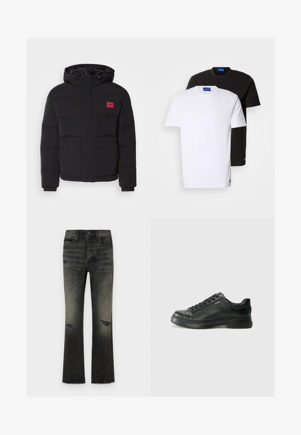 Jachetă puffer neagră cu glugă, prezentând o patch cu logo roșu, un model matlasat, buzunare frontale și manșete elastice pentru căldură și confort.; Două tricouri stivuite: unul alb și unul negru. Mâneci scurte, gât rotund, din material din bumbac. Prezintă un mic logo albastru la gât.; Jeans negri din denim cu un finisaj decolorat, uzură vizibilă și tiv destrămat. Prezentă un stil clasic cu cinci buzunare și închidere cu nasture metalic.; Sneaker din piele neagră cu un superior texturat, guler căptușit și detalii cu logo roșu. Are o talpă groasă din cauciuc cu un model de bandă distinct.