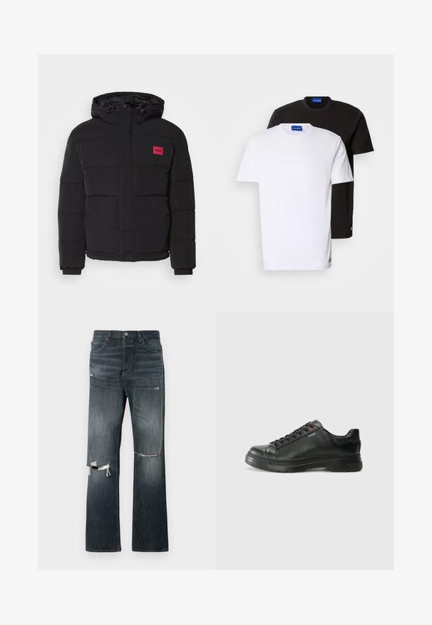 Crna puf jakna s kapuljačom, s crvenim logotipom, prošivenim uzorkom, prednjim džepovima i elastičnim manžetama za toplinu i udobnost.; Dva majice složene: jedna bijela i jedna crna. Kratki rukavi, okrugli izrez, pamučna tkanina. Ima mali plavi logo na izrezu.; Traperice u tamnom pranju s opuštenim krojem, s dva izrezana koljena, standardnim zatvaranjem na gumb i dizajnom s pet džepova.; Crne kožne tenisice s teksturiranim gornjim dijelom, podstavljenim ovratnikom i crvenim logotipom. Imaju debeli gumeni potplat s izraženim uzorkom.