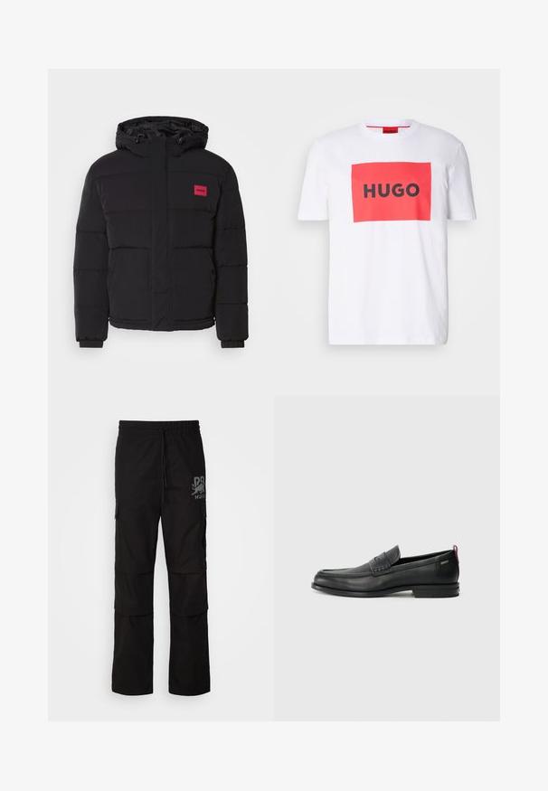 Melnā pūkaina jaka ar kapuci, kurai ir sarkana logotipa uzpleca, izšūtu rakstu, priekšējās kabatas un elastīgas aproces siltumam un komfortam.; Balts kokvilnas T-krekls ar sarkanu taisnstūra grafiku un izteiksmīgu melnu tekstu "HUGO" centrā. Īsas piedurknes, apaļa kakla dizains.; Melnas kravas bikses ar auklu jostasvietā, sānu kabatām un grafisku logotipu kreisajā kājā. Izgatavotas no izturīga auduma.; Melni ādas loafers, ar teksturētu priekšējo paneli un gludām malām. Ar šauru papēdi un aizmugurējo cilpu vieglai uzlikšanai. Klasisks dizains.