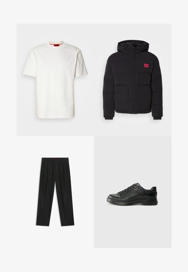 Schwarze Daunenjacke mit Kapuze, ausgestattet mit einem roten Logoschild, gestepptem Muster, Fronttaschen und elastischen Bündchen für Wärme und Komfort.; Leichtes weißes Baumwoll-T-Shirt mit Rundhalsausschnitt, kurzen Ärmeln und dezentem gesticktem Logo auf der Brust, mit einer glatten Textur.; Schwarze Hose mit einem gefältelten Design, weiter Beinform und glatter Textur. Verfügt über ein rotes Taillenlabel.; Schwarze Leder-Sneaker mit strukturiertem Obermaterial, gepolstertem Kragen und rotem Logo-Detail. Verfügt über eine dicke Gummisohle mit markantem Profil.
