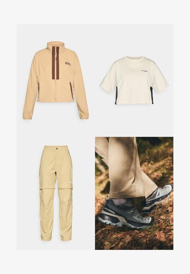 Bēšs flīsa jaka ar augstu apkakli, ar brūniem vertikāliem svītrām un rāvējslēdzēju, akcentēta ar sānu kabatām un logotipa uzšuvēm.; Krēmkrāsas īsā krekla ar apaļu kaklu, īsām piedurknēm un melniem sānu paneļiem; uz krūtīm redzams neliels melns logotips.; Bēžīgas cargo bikses, kas izgatavotas no viegla auduma, ar ar rāvējslēdzējiem sānos, pogu aizdari un logo labajā augšstilbā.; Salomon X ULTRA 360 GTX - Pārgājienu apavi - sharkskin/trooper/arona