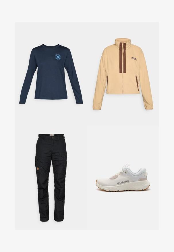 Bēšs flīsa jaka ar augstu apkakli, ar brūniem vertikāliem svītrām un rāvējslēdzēju, akcentēta ar sānu kabatām un logotipa uzšuvēm.; Ilgi piedurkņu tumši zils T-krekls, izgatavots no mīksta auduma. Tam ir apaļa kakla izgriezums un zils apļveida logotips kreisajā krūtīs.; Melnu kravas bikses ar vairākiem kabatām, pogu aizdari un nedaudz sašaurinātu kāju dizainu. Izgatavotas no izturīga materiāla ar teksturētu apdari.; Viegls Columbia sporta apavs baltā sietā ar teksturētu pelēku zoli un gumijas saķeri. Iespējas ietver polsterētu apkakli un saistīšanas dizainu.