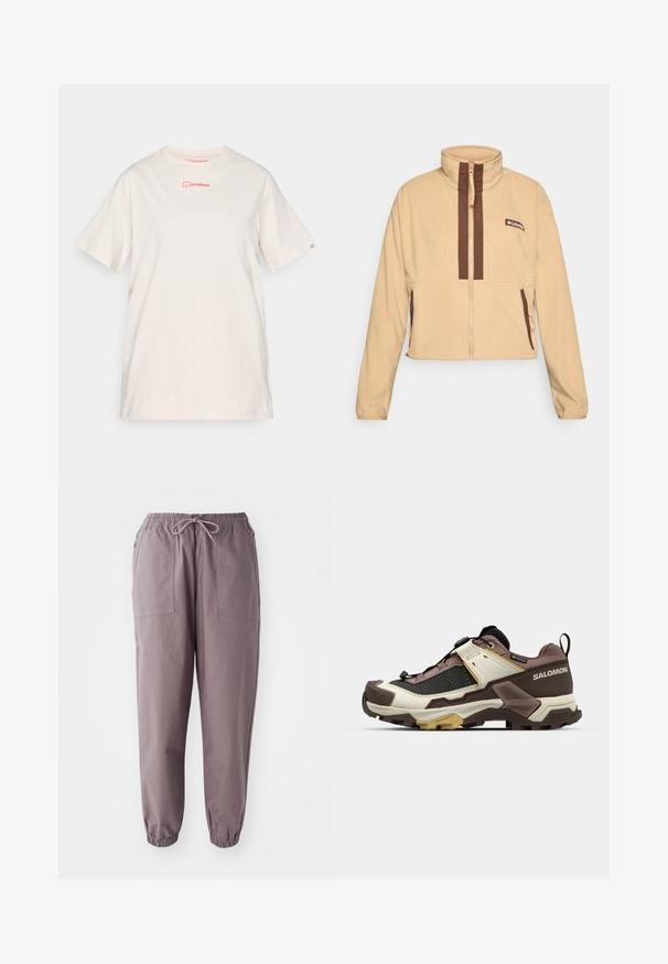 Beige polarfleecest jack, millel kõrge kaelus, mis on kaunistatud pruunide vertikaalsete triipudega ja tõmblukuga, külgedel taskud ja logoplaat.; Kreemikas T-särk, mis on valmistatud puuvillast, lühikeste varrukatega, ümmarguse kaelusega ja esiküljel ning vasakul varrukal on väike punane logo.; Hallid elastne vöökoht, millel on pael, kahe esipocket ja kitsenevad pahkluud, esitatud valge tausta ees.; Salomon matkajalatsid, kus on segu kreemjatest, pruunidest ja mustadest materjalidest; tekstureeritud ülemine osa, paks kummist tall ja reguleeritav lükkesüsteem.