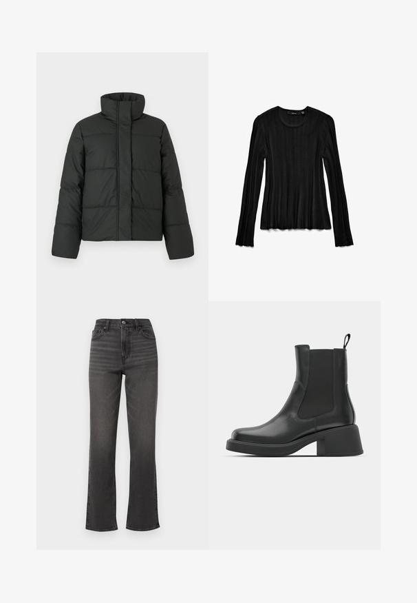 Črna pufast jakna z visokim ovratnikom, prešito zasnovo in dolgimi rokavi. Narejena iz gladkega blaga, z zadrgo spredaj.; Črna dolgoročna majica iz rebraste tkanine. Ima okroglo izrez in teksturiran dizajn z razširjenimi manšeti. Lahka in oprijeta oblika.; Visoko pasne ravne hlače iz temno sive denima z rahlim zbledelostjo, sprednjimi žepi in enim gumbom za zapiranje. Čist, minimalističen dizajn.; Črne usnjene gležnjarje z elastičnimi stranskimi paneli, zaobljenim nosom in masivnim blokastim peto. Gladka tekstura z minimalističnim dizajnom.