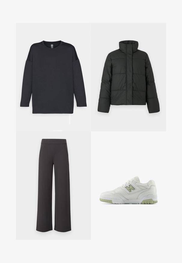 Black puffer jacket with a high collar, quilted design, and long sleeves. Made from smooth fabric, featuring a front zip closure.; Black long-sleeve T-shirt made from soft fabric, featuring a round neckline and relaxed fit, with dropped shoulder seams and no patterns.; Wide-leg trousers in dark gray fabric, featuring a smooth texture, elastic waistband, and two front pockets. Flat-front design.; White athletic shoe with perforated leather upper, green accents, padded collar, and textured rubber sole. Chunky, retro-inspired design.