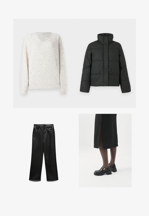 Schwarze Steppjacke mit hohem Kragen, gestepptem Design und langen Ärmeln. Hergestellt aus glattem Stoff, mit einem Reißverschluss vorne.; V-Ausschnitt Strickpullover in hellem Beige mit weichem, strukturiertem Finish. Mit langen Ärmeln sowie gerippten Bündchen und Saum für eine taillierte Passform.; Schwarze weite Hose aus Kunstleder mit Fronttaschen, Gürtelschlaufen und dezentem Glanz. Glatte Textur und maßgeschneiderte Passform.; Schwarze Lederschuhe mit abgerundetem Zeh, dicker Blockabsatz und elastischen seitlichen Akzenten, kombiniert mit dunklen Strumpfhosen und einem schwarzen Rock mit Schlitz.
