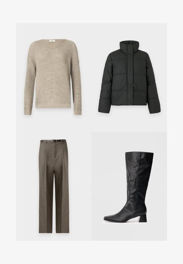 Fekete pehelykabát magas gallérral, steppelt kialakítással és hosszú ujjakkal. Simább anyagból készült, elöl cipzárral záródik.; Világos bézs kötött pulóver, V-nyakkal, hosszú ujjakkal, texturált mintázattal, bordás mandzsettával és szegéllyel.; Barna, egyenes szabású, testre szabott nadrág sima textúrával, övhurkokkal és lapos elülső kialakítással.; Fekete, vádli közepéig érő bőrcipő hegyes orral és tömbsarkal világos, egyszínű háttér előtt.
