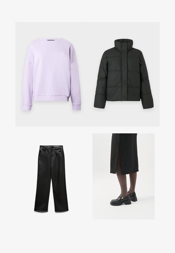Zwarte pufferjack met een hoge kraag, gestikte design en lange mouwen. Gemaakt van een gladde stof, met een sluiting aan de voorkant met rits.; Lavendel pullover sweatshirt met een ronde halslijn, verlaagde schouders, geribbelde boorden en een rechte zoom. Gemaakt van zachte, gestructureerde stof.; Zwarte wijde broek van imitatieleer met voorzakken, riemlussen en subtiele glans. Soepele textuur en nauwsluitende pasvorm.; Zwarte leren schoenen met een ronde neus, dikke blokhak en elastische zijkanten, gecombineerd met donkere panty's en een zwarte rok met een split.
