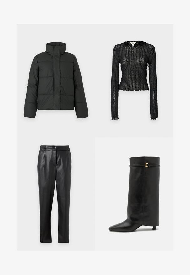 Fekete pehelykabát magas gallérral, steppelt kialakítással és hosszú ujjakkal. Simább anyagból készült, elöl cipzárral záródik.; Fekete, hosszú ujjú felső textúrált csipkéből, fodros dekoltázzsal és testhez simuló, rövid szabással.; Fekete bőr nadrág sima textúrával, egyenes szabással, rugalmas derékkal és elülső gombos záródással; pliszírozott részletezéssel és szűkített lábakkal.; ALOHAS EVITA - Csizmák - black