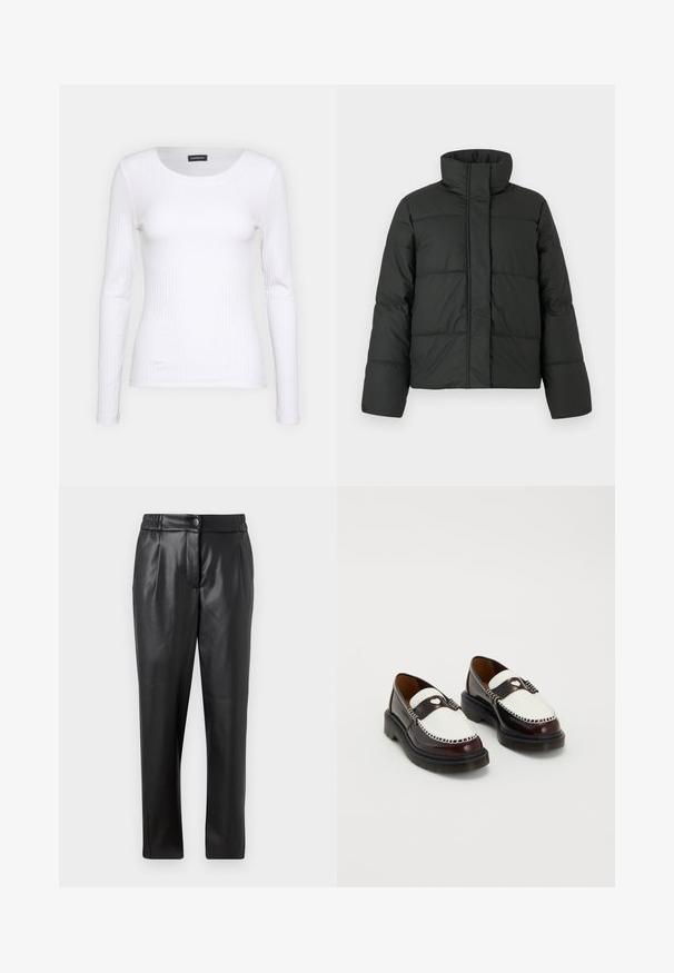 Giacca a vento nera con colletto alto, design trapuntato e maniche lunghe. Realizzata in tessuto morbido, presenta una chiusura frontale con zip.; Top a maniche lunghe bianco con collo rotondo. Realizzato in un tessuto elasticizzato che si adatta al corpo. Presenta delle sottili righe orizzontali.; Pantaloni di pelle nera con una texture liscia, vestibilità dritta, cintura elastica e chiusura con bottone frontale; dettagli plissettati e gambe affusolate.; Un paio di mocassini in pelle bicolore marrone e bianca con dettagli di cucitura e suole nere spesse su uno sfondo neutro.