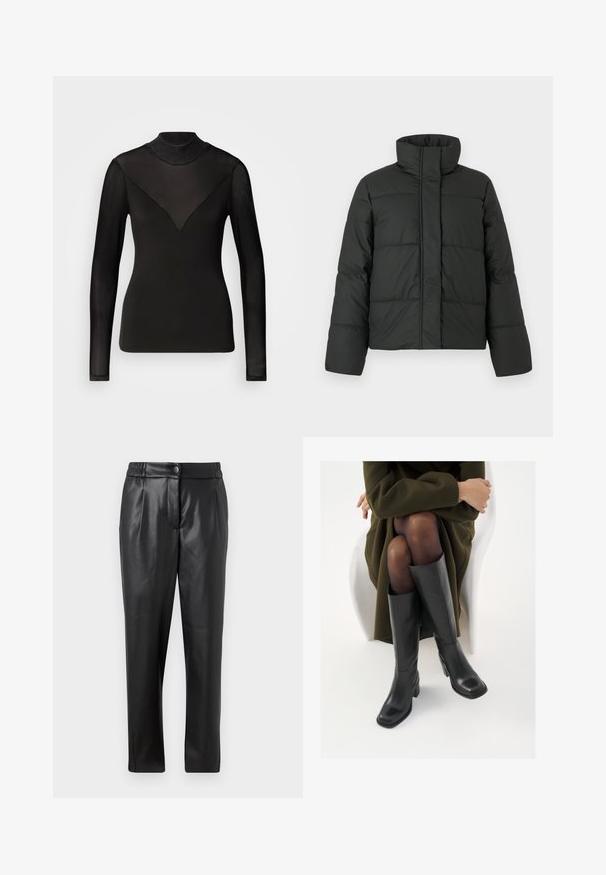 Sort puffer-jakke med høj krave, quilted design og lange ærmer. Lavet af glat stof, med lynlåslukning foran.; Sort langærmet top med gennemsigtige paneler, der danner en V-form ved halsen. Glat tekstur, tætsiddende design, høj hals.; Sorte læderbukser med en glat tekstur, lige pasform, elastisk talje og en lynlåslukning foran; plisserede detaljer og tætsiddende ben.; Knæhøje sorte læder støvler med firkantet tå og blokhæl, vist med en model siddende i en olivengrøn frakke. Glat tekstur, minimal detaljer.