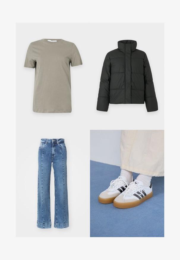 Black puffer jacket with a high collar, quilted design, and long sleeves. Made from smooth fabric, featuring a front zip closure.; Khaki short-sleeve t-shirt made of soft fabric. Crew neckline; straight hem. Minimalist design with no visible patterns or accents.; Light blue denim wide-leg jeans with a high waist, featuring front pockets and stitched detailing. The hem is rolled and sewn.; White sneakers with black stripes and beige suede accents. Feature a textured gum sole and flat white laces, worn with light-colored socks.