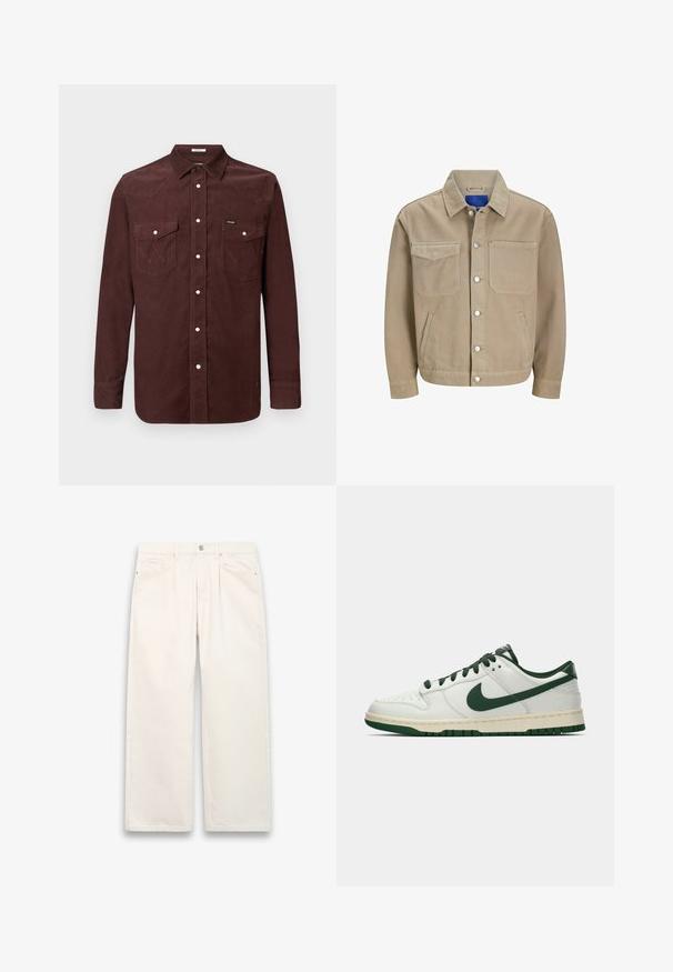Chaqueta de mezclilla marrón claro con dos bolsillos en el pecho, bolsillos laterales y cierres a presión. Presenta un cuello clásico y un forro interior azul.; Camisa de pana marrón de manga larga con botones a presión, dos bolsillos en el pecho con solapas, y pequeño logo de Wrangler en el bolsillo izquierdo.; Vaqueros blancos de pierna ancha hechos de denim, con cierre de botón, cinco bolsillos y sutiles detalles de costura. Diseño limpio y minimalista.; Zapatilla de deporte blanca de caña baja con el swoosh de Nike en verde oscuro, lazadas y acentos en la suela, mostrada de perfil sobre un fondo blanco liso.