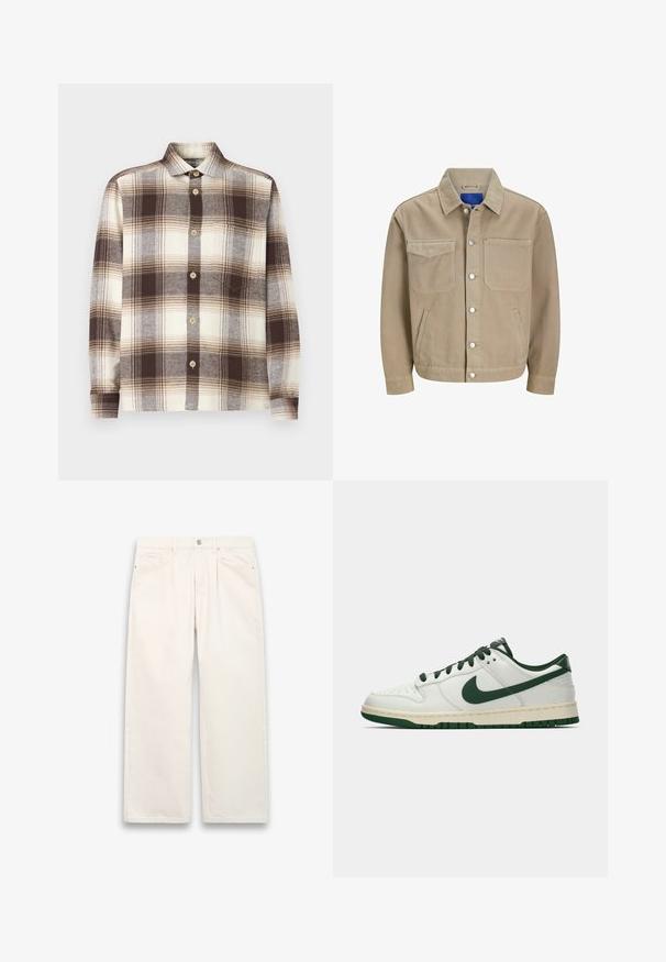 Giacca di jeans color tan con due tasche sul petto, tasche laterali e chiusure a scatto. Presenta un colletto classico e una fodera interna blu.; Camicia a quadri marrone e crema con maniche lunghe, realizzata in un tessuto morbido; presenta un colletto aperto e bottoni di legno chiaro.; Jeans bianchi a gamba larga in denim, con chiusura a bottone, cinque tasche e dettagli di cucitura sottili. Design pulito e minimalista.; Sneaker bianco a bassa cima con swoosh Nike verde scuro, lacci e dettagli della suola, mostrato di profilo su uno sfondo bianco uniforme.