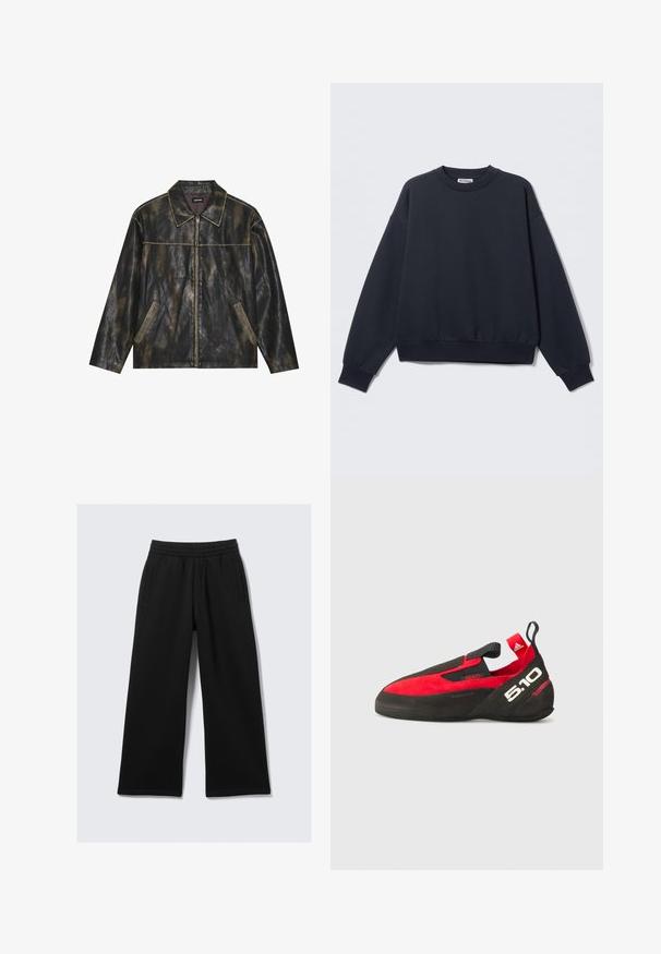 Černá a matně zlatá kožená bunda s hladkým povrchem, špičatým límcem, zipovým uzávěrem a dvěma šikmými bočními kapsami.; Tmavě námořnická mikina z bavlněné směsi, s kulatým výstřihem, spadenými rameny, žebrovanými manžetami a elastickým lemem. Minimalistický design.; Černé kalhoty s širokými nohavicemi z měkké látky, s elastickým pasem a dvěma bočními kapsami. Hladká textura, neutrální design bez vzorů.; Červeno-černé horolezecké boty s svrchním dílem z jemné kůže, gumovou podešví a poutkem na patě. Mají design na obutí a výrazné logo "5.10".